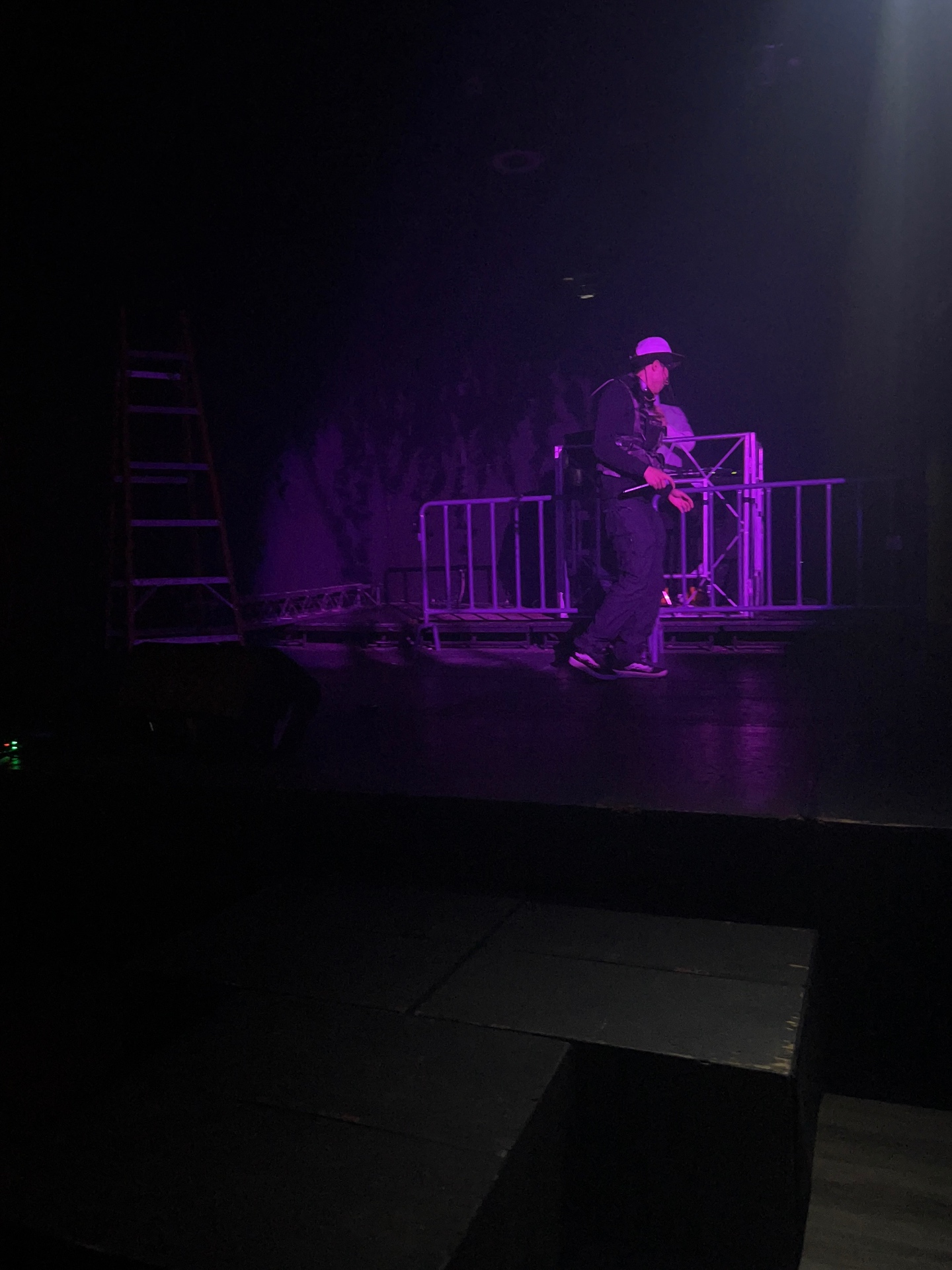 Performer walking the stage in purple wash